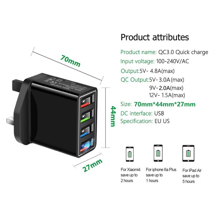 Buy Fast Charger QC 3.0 / 4 Port USB 30W Quick Charge UK Plug 3 Pin